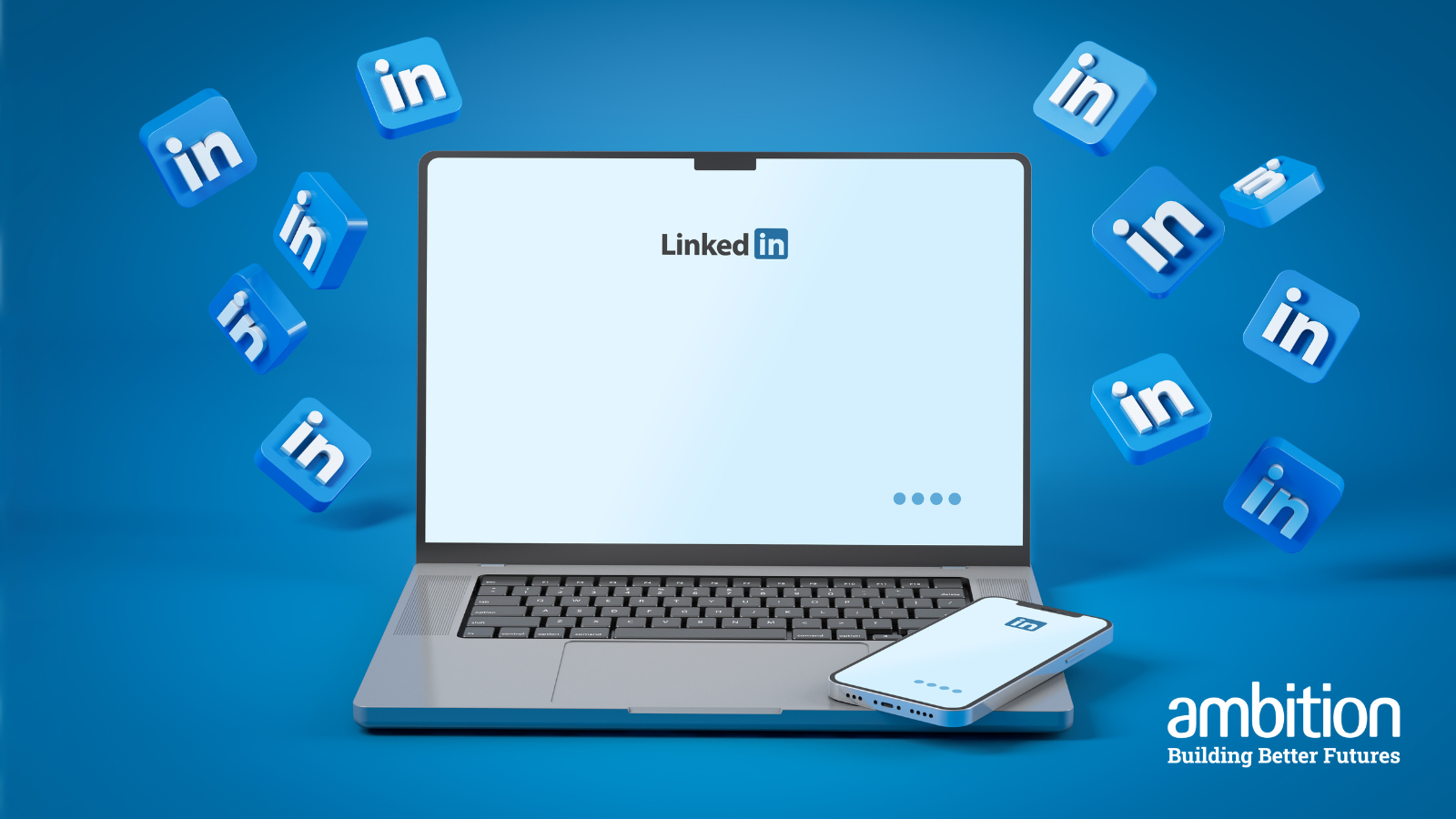 A laptop against a blue backdrop, showing a blank screen with LinkedIn's logo in the middle. A cluster of LinkedIn logo's are floating around both sides of the laptop.